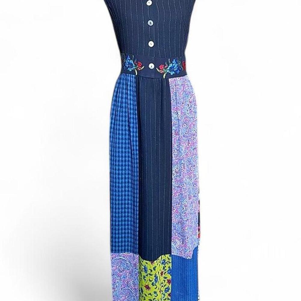 Vintage 90s Patchwork Blue Midi Dress – Cottagecore Prairie L/XL